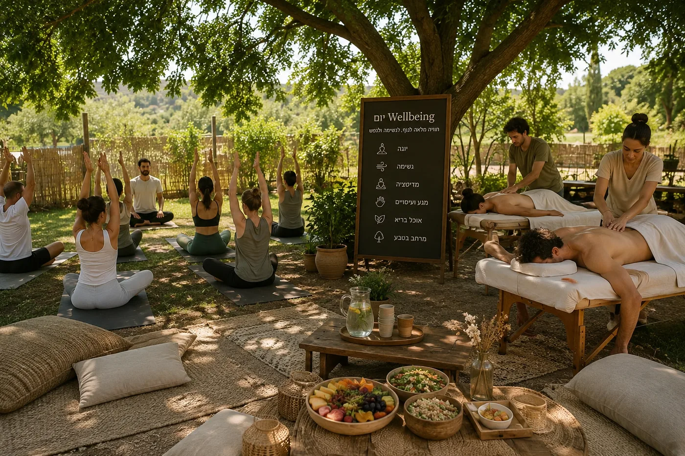 יום Wellness בחוץ תחת עץ גדול עם יוגה, עיסויים ואוכל בריא